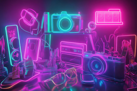 A colorful display of various vintage cameras and accessories highlighted by neon lights in a creative arrangement.の素材