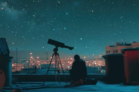 A person kneels near a telescope on a rooftop, gazing at the starry sky over a city filled with lights.の素材