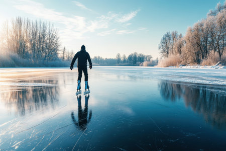 A skater enjoys a peaceful morning on a frozen lake as sunlight breaks through the winter trees.の素材