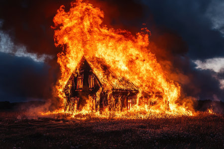 A wooden house is fully consumed by intense flames as twilight approaches in a remote countryside.の素材