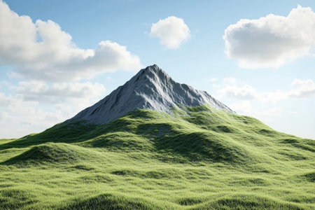 A stunning mountain rises prominently amidst rolling green hills, bathed in sunlight with fluffy clouds overhead.の素材