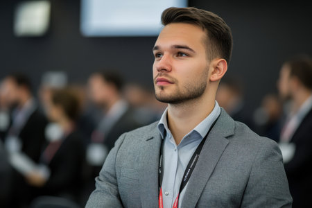 A young man in a gray suit listens intently at a conference, surrounded by other attendees engaged in discussion.の素材