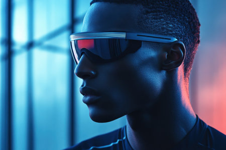 Individual poses confidently in a contemporary setting, showcasing stylish sunglasses and a striking look.の素材