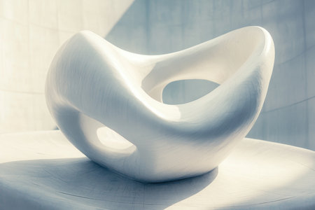 A striking white sculpture with a fluid shape sits gracefully on a smooth surface under daylight.の素材