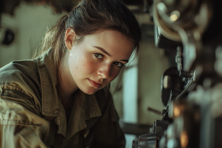 A soldier focuses on complex machinery, showing determination and skill in a military environment.の素材