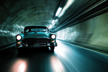 Vintage automobile accelerates through a dimly lit tunnel, showing motion and nostalgia.の素材