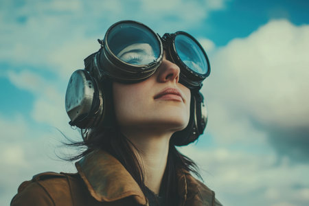 A woman stands outdoors, wearing vintage goggles and a brown jacket, looking thoughtfully at the sky.の素材