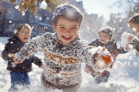 Four kids are playing together in the snow, laughing and having fun on a sunny winter day.の素材