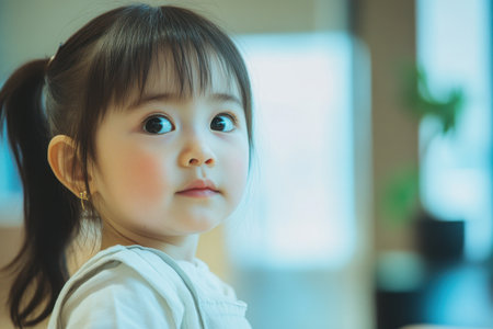 A young girl gazes thoughtfully, her expressive eyes reflecting curiosity while indoors.の素材