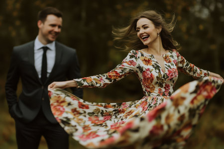 A couple celebrates their love in a scenic outdoor setting, with the woman twirling in a floral dress.の素材