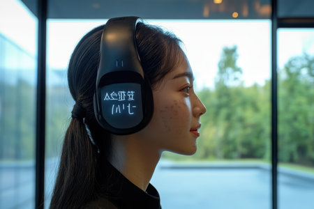 A woman enjoys music with sleek headphones, surrounded by a contemporary design and nature views.の素材
