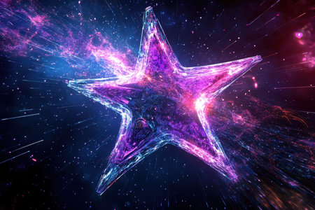 A bright star glows with vivid colors in a cosmic setting, surrounded by swirling galaxies and light effects.の素材