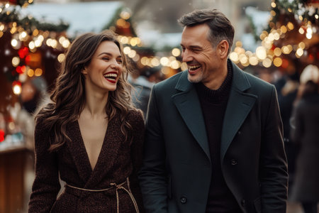 A couple shares laughter while walking through a lively winter market filled with lights and holiday spirit.の素材