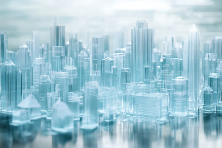 Delicate glass replicas of skyscrapers create a shimmering cityscape under gentle morning light.の素材