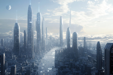 Modern cityscape features tall, sleek buildings and a winding river as soft clouds drift above.の素材