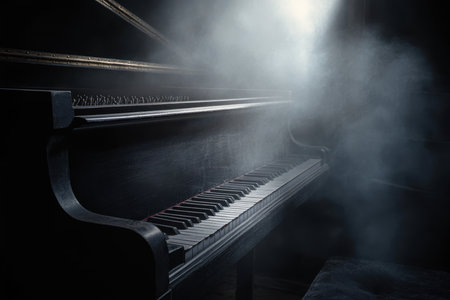 A grand piano stands in a dark room enveloped in swirling smoke, creating an eerie and atmospheric ambiance.の素材