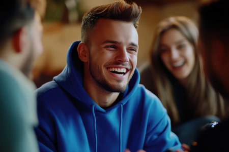 A joyful moment unfolds as friends laugh together in a warm, inviting location, showing their strong bond.の素材