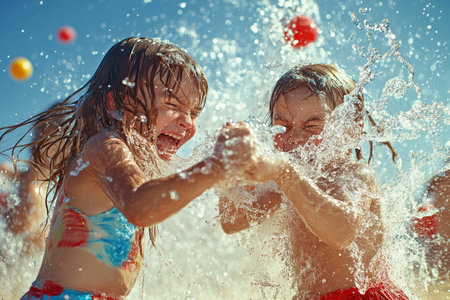 Two kids are laughing and splashing water while playing joyfully at the beach under a clear sky.の素材