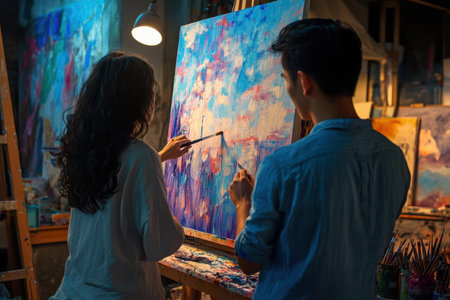 Two individuals are working together on a colorful abstract artwork in an intimate art studio atmosphere.の素材