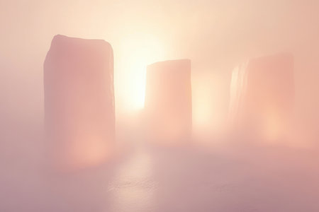 Majestic stone formations rise from dense fog as the sun begins to illuminate the landscape at dawn.の素材