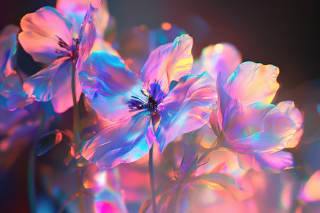 Vibrant flowers glow with brilliant colors, cast in soft light, creating a magical ambiance in a garden.の素材