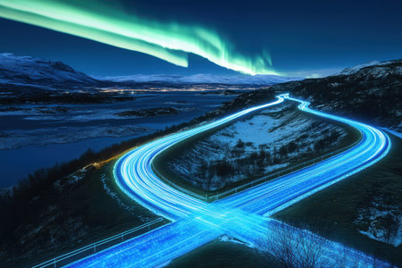 Winding roads glow under vibrant northern lights, with a serene lake visible in the backdrop during nighttime.の素材