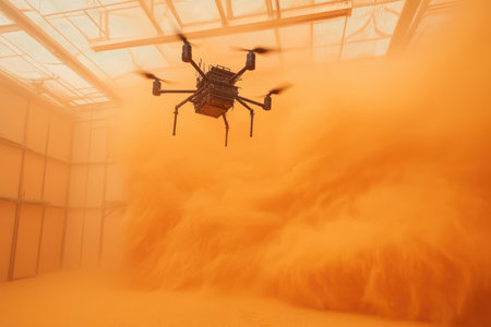 A drone flies in a large indoor space filled with vibrant orange dust, creating a dynamic atmosphere.の素材