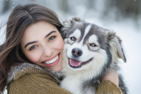 A young woman happily hugs her playful dog in a wintery landscape, surrounded by snowflakes and trees.の素材