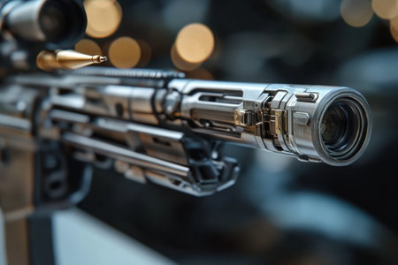 Close-up showcases the detailed craftsmanship and metal components of a modern rifle.の素材