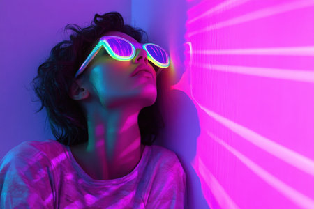 A person wears stylish sunglasses while illuminated by vibrant neon lights, creating a striking effect on the wall.の素材