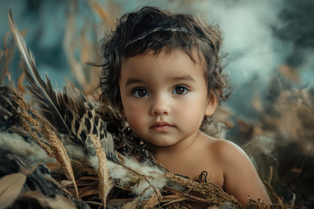 A young child gazes thoughtfully while nestled among soft foliage and feathers in a peaceful environment.の素材