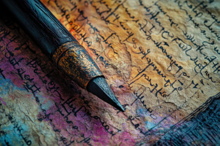 Delicate calligraphy fills a piece of aged parchment, highlighted by a stylish vintage pen resting nearby.の素材