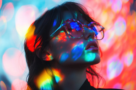 A woman poses with colorful light patterns reflecting on her face while wearing stylish glasses.の素材
