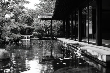 A peaceful garden features a calm pond with reflections, surrounded by trees and traditional architecture.の素材