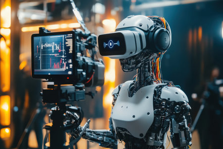 A humanoid robot interacts with a virtual reality camera while demonstrating advanced technology.の素材