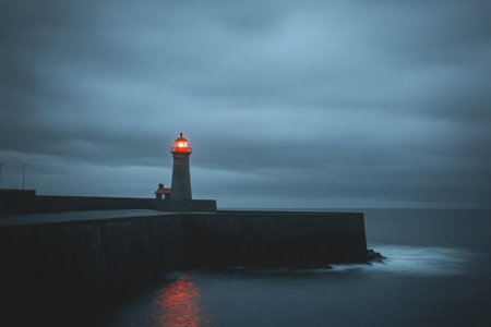 A solitary lighthouse stands tall against a moody sky at dusk, casting a warm glow over peaceful waters.の素材