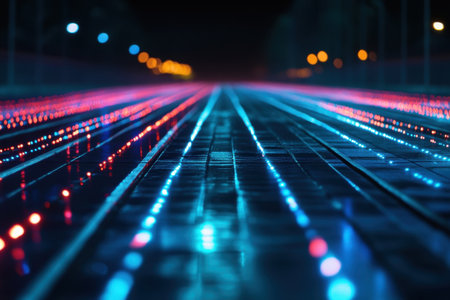 Bright colored lights illuminate a modern walkway in the city, creating a vibrant atmosphere during nighttime.の素材