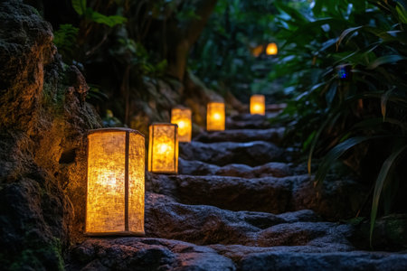 Lanterns line a peaceful stone pathway, casting warm light among greenery as dusk settles in.の素材