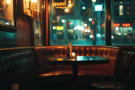 A small corner table is illuminated by warm candlelight, creating a cozy atmosphere in a bustling urban cafe at night.の素材