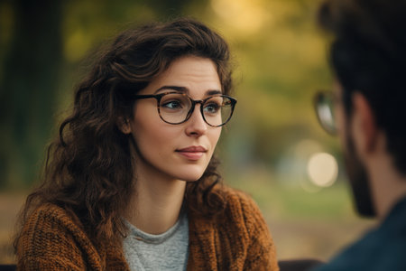 Two friends engage in an intense discussion while enjoying a peaceful autumn afternoon in the park.の素材