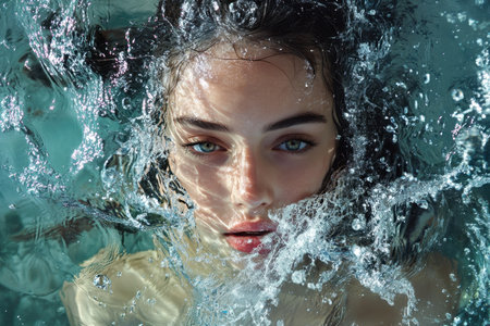 Woman with striking blue eyes gracefully submerged underwater, surrounded by shimmering bubbles and reflections.の素材