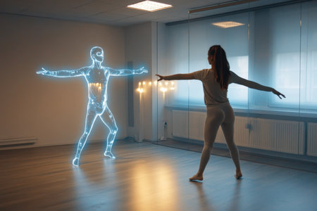 A performer is engaged in a dance with a glowing holographic figure in a well-lit studio environment.の素材