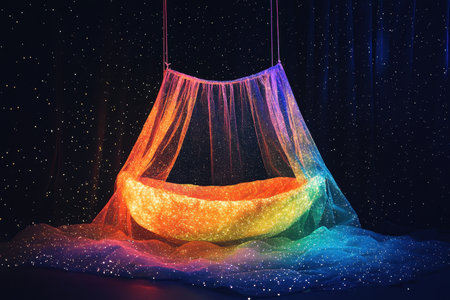 A cozy, hanging bed is enveloped in vibrant, twinkling fabric under a starry backdrop, creating a magical atmosphere.の素材