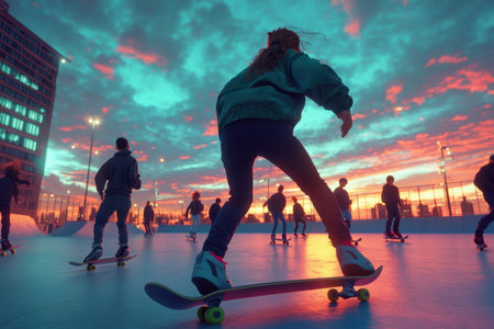 Skaters enjoy an exhilarating session at an urban park as colorful sunset skies illuminate the scene.の素材