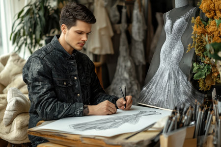 A young designer diligently sketches intricate gown designs in a well-lit studio surrounded by fashion elements.の素材