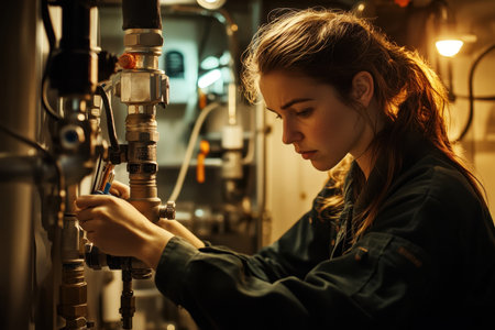 A technician is focused on repairing machinery, surrounded by pipes and tools in a workshop environment.の素材