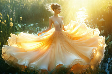 A woman twirls gracefully in a luminous golden dress amidst tall grass and flowers at sunset.の素材