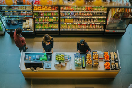 Customers browse and select fresh fruits and vegetables at a well-lit grocery store counter.の素材