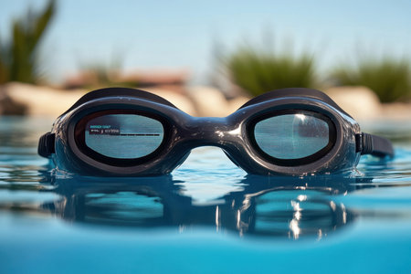 A pair of black swimming goggles float on the water, reflecting the bright blue sky and surrounding greenery.の素材