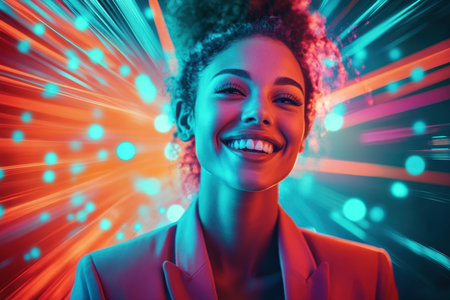 A joyful woman with curly hair smiles brightly as colorful lights swirl around her in a lively setting.の素材